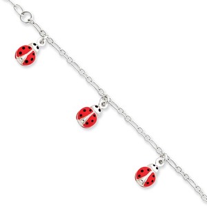 Sterling Silver Childrens Enameled Ladybug Charm Link Bracelet