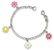Sterling Silver Childrens Enameled Flower Charm Link Bracelet