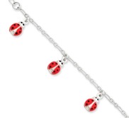Sterling Silver Childrens Enameled Ladybug Charm Link Bracelet