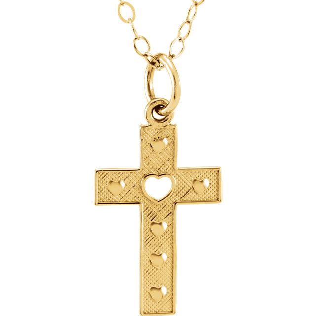 14K Yellow Gold Cross Cut-Out w/Heart Ends Charm Pendant 