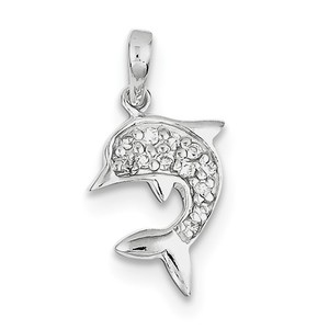 Sterling Silver Polished Dolphin w  CZ Pendant