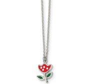 Sterling Silver Polished and Enameled Red Flower 14in Necklace