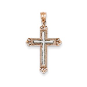 14k Rose Gold   Rhodium Plated Diamond cut Cross Pendant