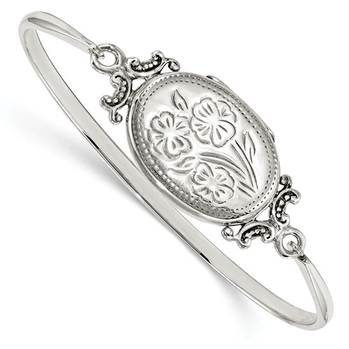 Sterling Silver Oval Floral Design Locket Bangle Bracelet - PG93776