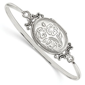 Sterling Silver Oval Floral Design Locket Bangle Bracelet