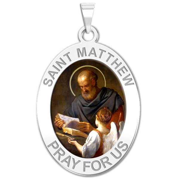 3/4 Inch X 1 Inch PicturesOnGold.com Saint Matthew Oval Religious Medal Sterling Silver with Engraving 