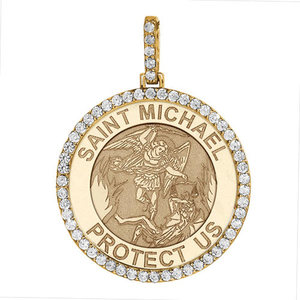 Large Saint Michael the Archangel Diamond Round Religious Medal    EXCLUSIVE 