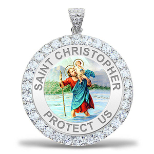 Saint Christopher CZ Round  Religious Medal     COLOR EXCLUSIVE 
