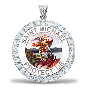Saint Michael CZ Religious Round Medal Color    EXCLUSIVE 