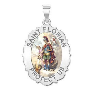 Saint Florian Scalloped Oval Religious Medal   Color EXCLUSIVE 