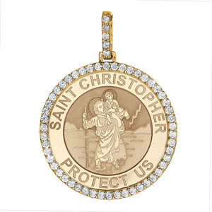 Large Saint Christopher Diamond Round Religious Medal    EXCLUSIVE 