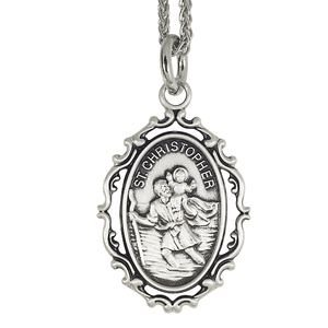 Sterling Silver Antiqued Saint Christopher With Fancy Frame