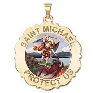 Saint Michael Scalloped Round Religious Medal   Color EXCLUSIVE 