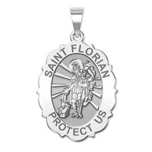 Saint Florian Scalloped Oval Religious Medal   EXCLUSIVE 