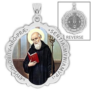 Saint Benedict Scalloped Round Religious Medal  Color EXCLUSIVE 