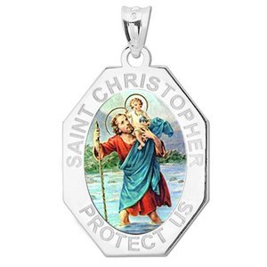 Saint Christopher Long Octagon Religious Medal   Color EXCLUSIVE 