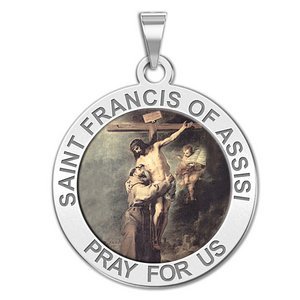 Saint Francis of Assisi Round Religious Medal   Embracing Christ  Color EXCLUSIVE 