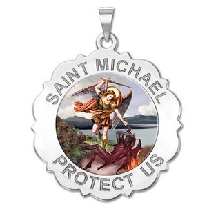 Saint Michael Scalloped Round Religious Medal   Color EXCLUSIVE 
