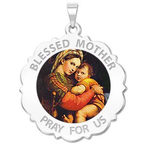  Blessed Mother  Virgin Mary Scalloped Round Religious Medal   Color EXCLUSIVE 