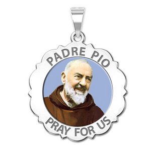 Padre Pio Scalloped Round Religious Medal  Color EXCLUSIVE 