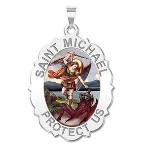 Saint Michael Scalloped OVAL Religious Medal   Color EXCLUSIVE 