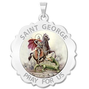 Saint George Scalloped Round Religious Medal  Color EXCLUSIVE 