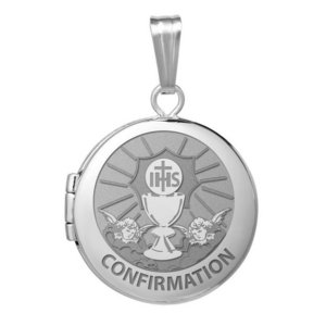 14k White Gold Round Confirmation  Chalice and  Angels  Locket