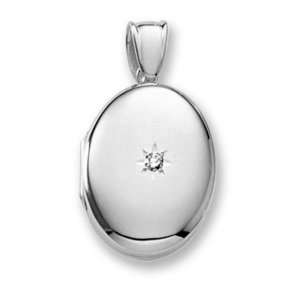 18k Premium Weight White Gold Oval Locket w  5 pt  Diamond