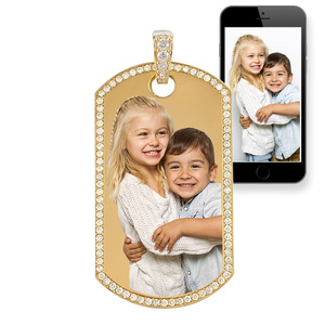 Solid 14k Gold Photo Engraved Diamond Trimmed Dog Tag