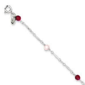 Sterling Silver Cultured Pearl   Strawberry Quartz Beaded Anklet