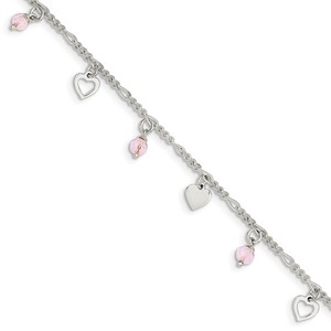 Sterling Silver Polished Heart and Rose Glass with 1in ext  Anklet