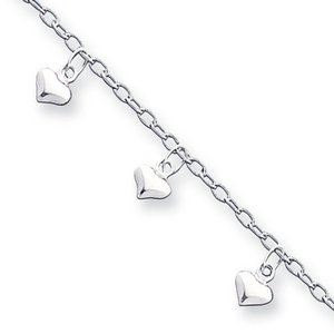 Sterling Silver 9 inch Polished Puffed Heart Anklet
