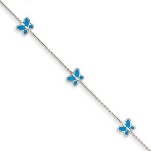 14k White Gold Polished Blue Enameled Butterflies Anklet