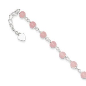 Sterling Silver 9  Pink Bead with Heart Anklet