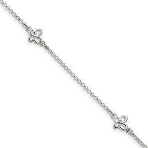 Sterling Silver Polished Butterfly Anklet w  1 Inch Ext 