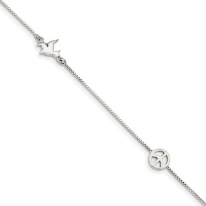 Sterling Silver Polished Dove   Peace Sign with 1in ext  Anklet