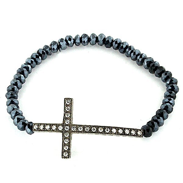 Stretchable Beaded Sterling Silver Cross Bracelet - PG79408