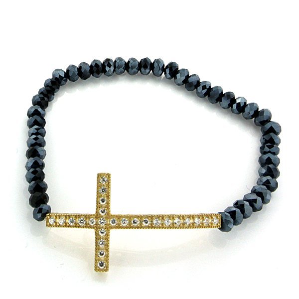 Stretchable Beaded Gold Over Silver Cross Bracelet - PG79407
