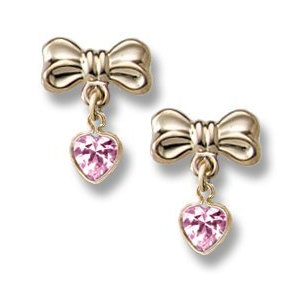 14K Yellow Gold Ribbon Heart Pink Zirconia Dangles Children Earrings