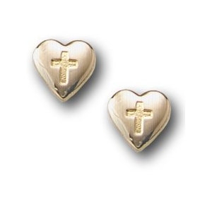 14K Yellow Gold Cross Hearts Children Post Earrings
