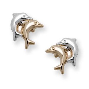 14KTwo Tone Gold Dolphins Children Post Earrings