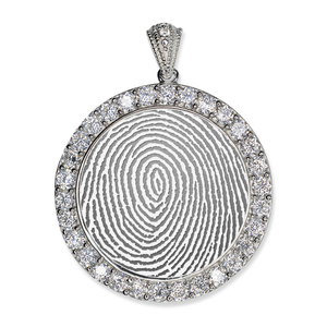 Sterling Silver Custom Fingerprint Round Pendant with Cubic Zirconias