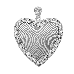 Sterling Silver Custom Fingerprint Heart Pendant with Cubic Zirconias