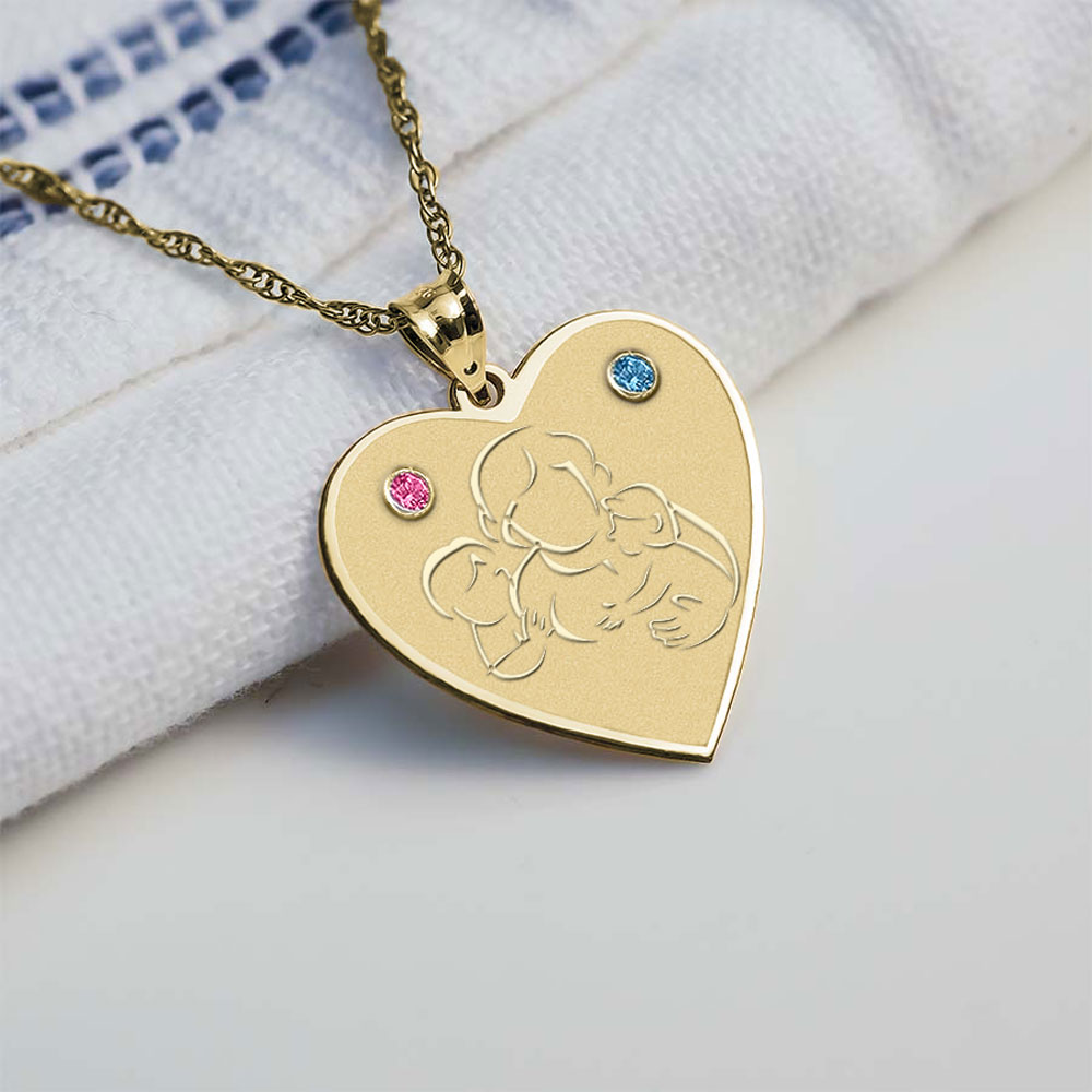Mother with Son and Daughter Heart Pendant w/ Birthstones - PG71766