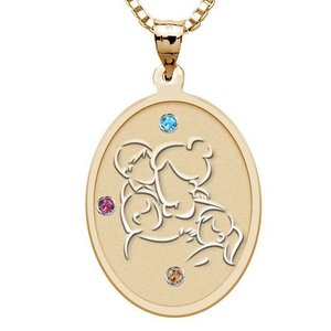 Mother with Son and 2 Daughters Oval Pendant with Birthstones