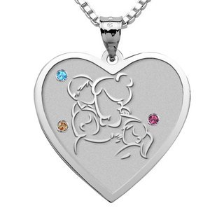 Mother with Son and 2 Daughters Heart Pendant with Birthstones