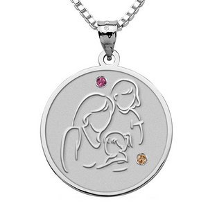 Mother with Two Daughters   Round Pendant Birthstone
