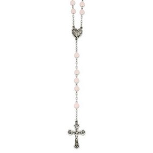 Sterling Silver Rose Quartz Rosary Necklace  with Heart Shaped Miraculous Medal
