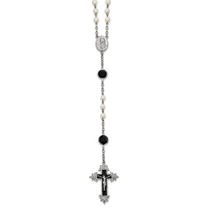 Silver tone Black Enamel Black Swarovski Crystal   Glass Pearl Rosary