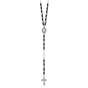 Sterling Silver   Black Glass Rosary Bead Necklace  with Black Enameled Saint Christopher Medal